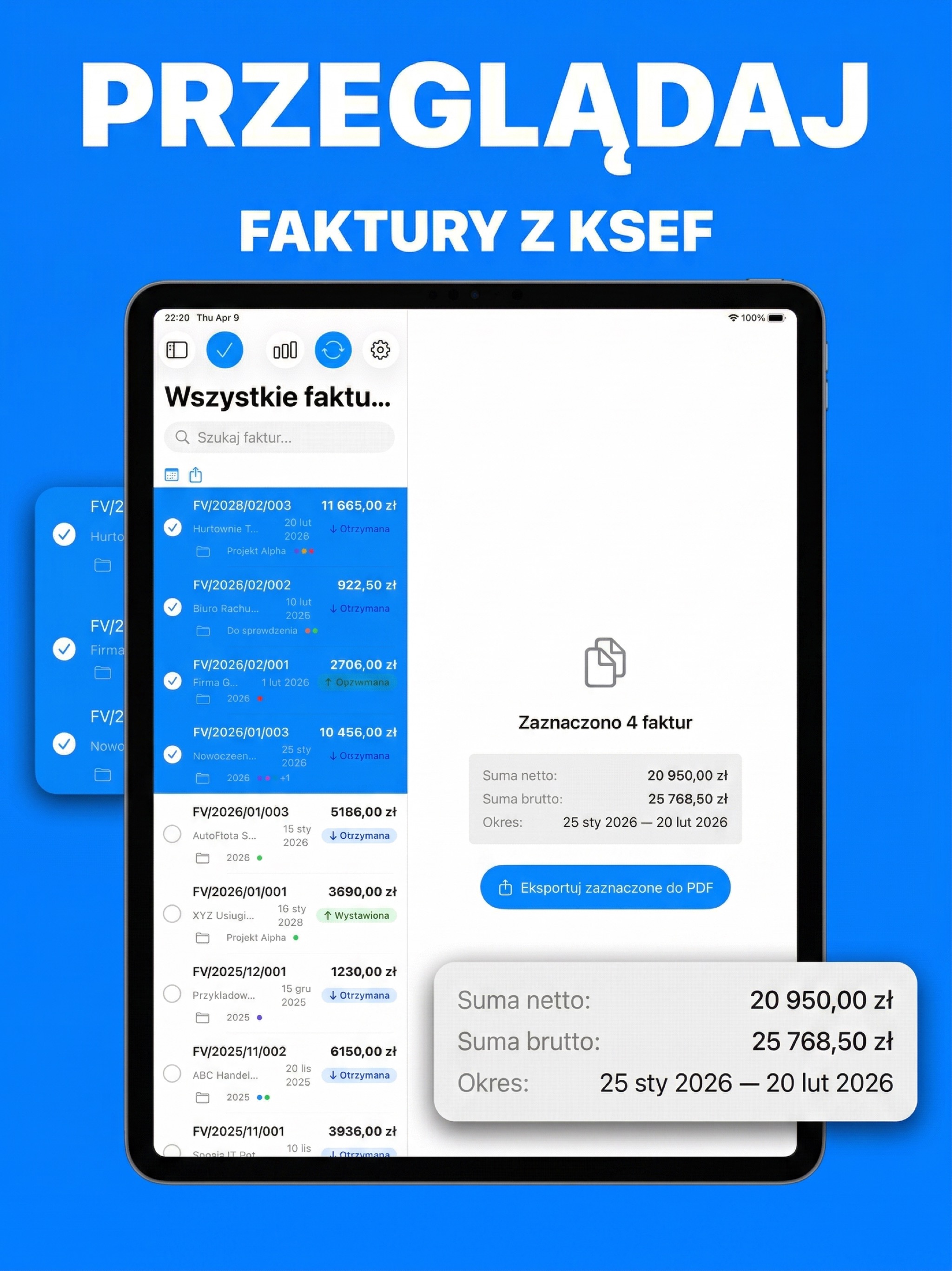 Lista faktur na iPadzie