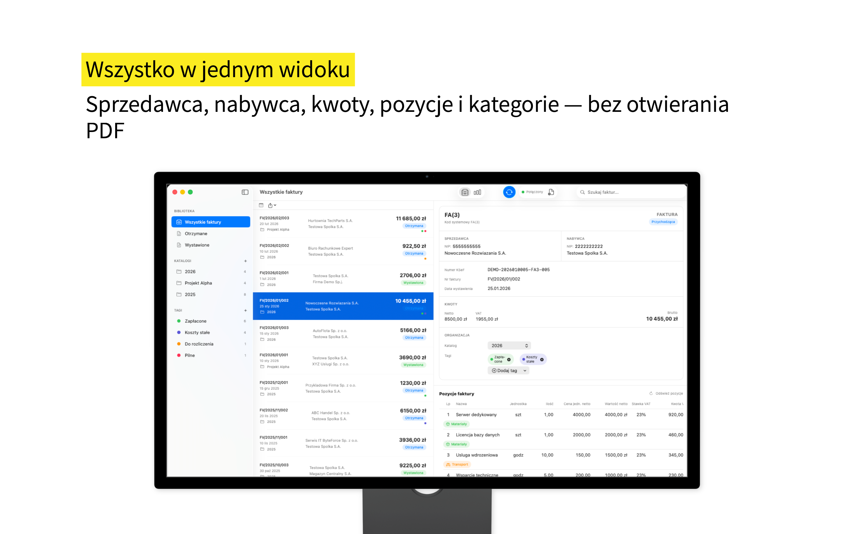 Szczegóły faktury z pozycjami w split view